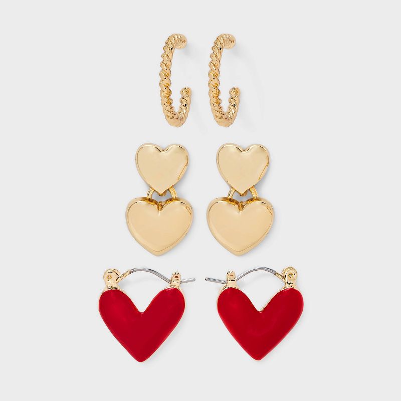 Twisted Heart Hoop Earring 3pc Set - A New Day™ Gold/Red