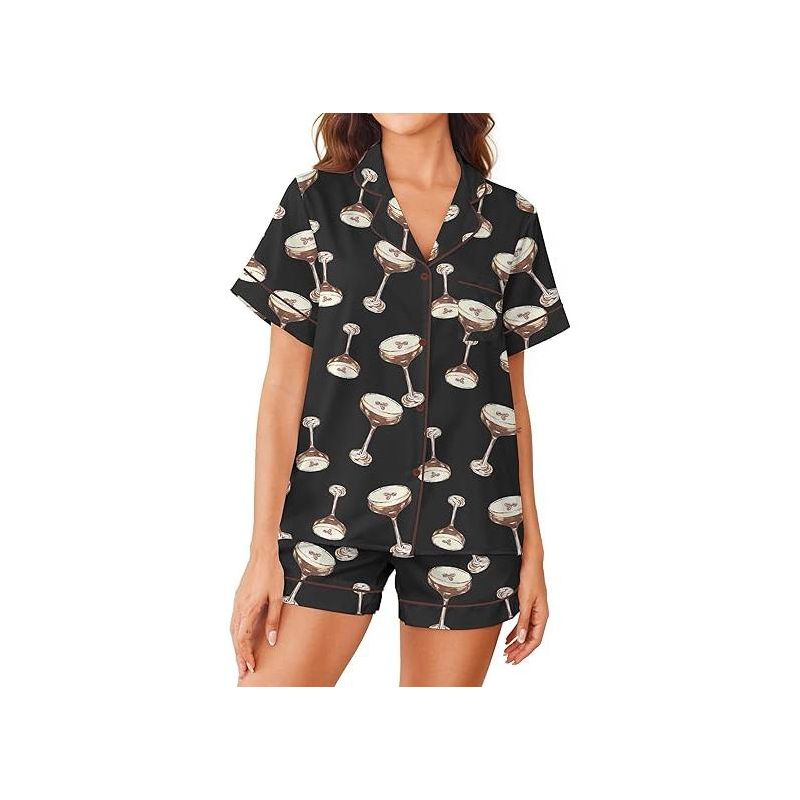 SHESHOW Pajamas for Women Set Comfy Satin Button Down Notch Collar 2 Piece Pj Sets Goblet Espresso Black XS