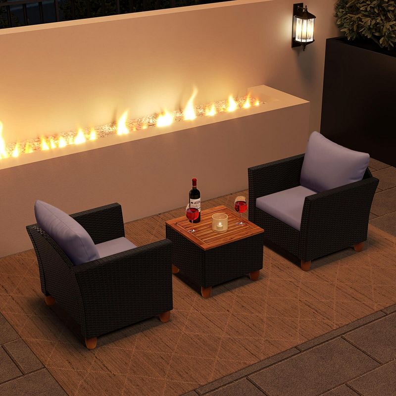 Costway 3 PCS Patio Rattan Furniture Set Cushioned Sofa Storage Table with Wood Top Grey