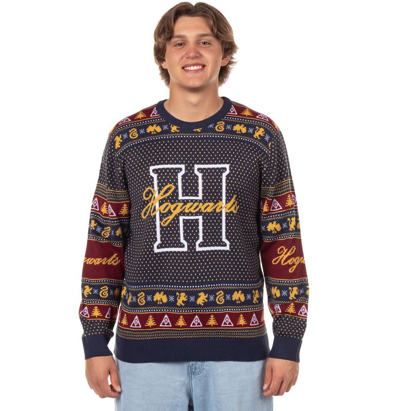 Harry Potter Men's Hogwarts Houses Design Adult Ugly Holiday Knit Sweater (X-Large) Multicolored