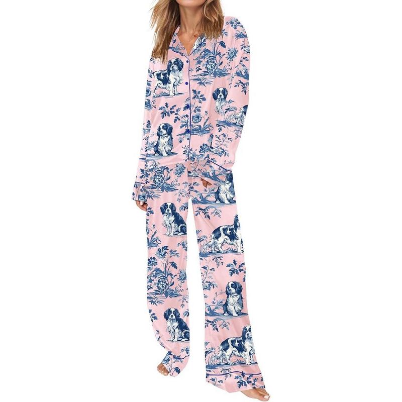 SHESHOW Funny Pjs Sets Women Button Down 2 Piece Pjs Long Sleepwear Animal Print Pajamas Set for Women Cute Dog Pink XL