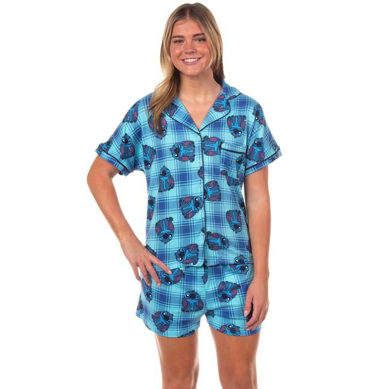 Disney Stitch Pajamas Women's Plaid All-Over Design Notch Collar Sleep Set (Small) Blue