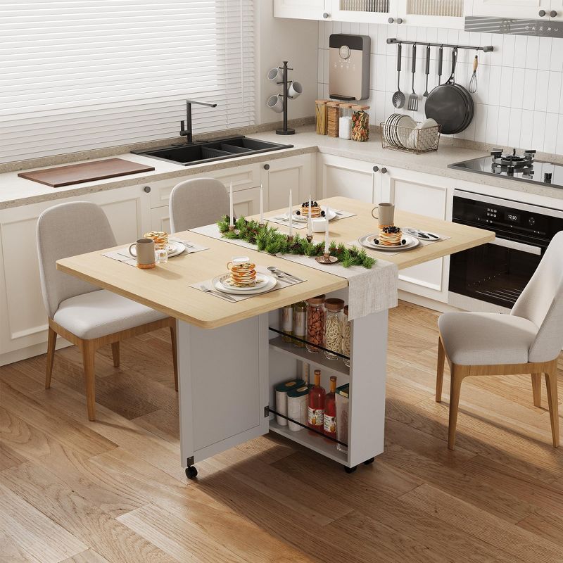 Folding Dining Table with 6 Wheels, Drop Leaf Table with Drawer & Storage Shelf, Modern Wood Kitchen and Dining Room Furniture,