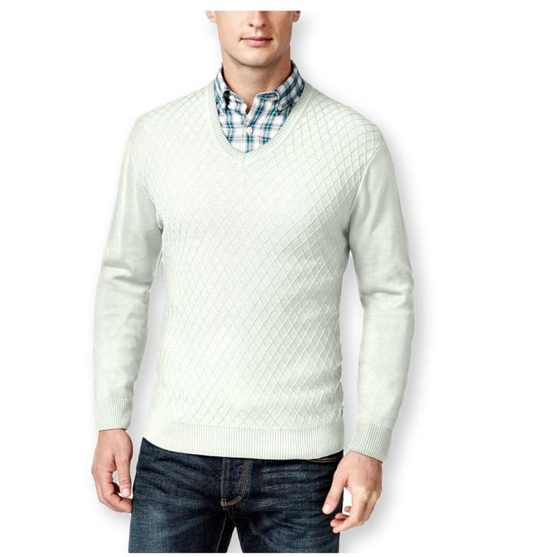 Club Room Mens Diamond Knit V-Neck Pullover Sweater, shell, Small