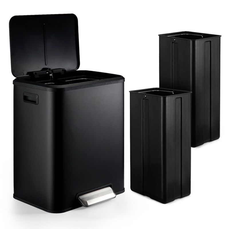 Rectangular Trash Can, 2 x 4 Gal Dual Garbage Can & Recycle Bin, 2 Compartments,2 Removable Inner Buckets, Soft Close Lid and Airtight,Black