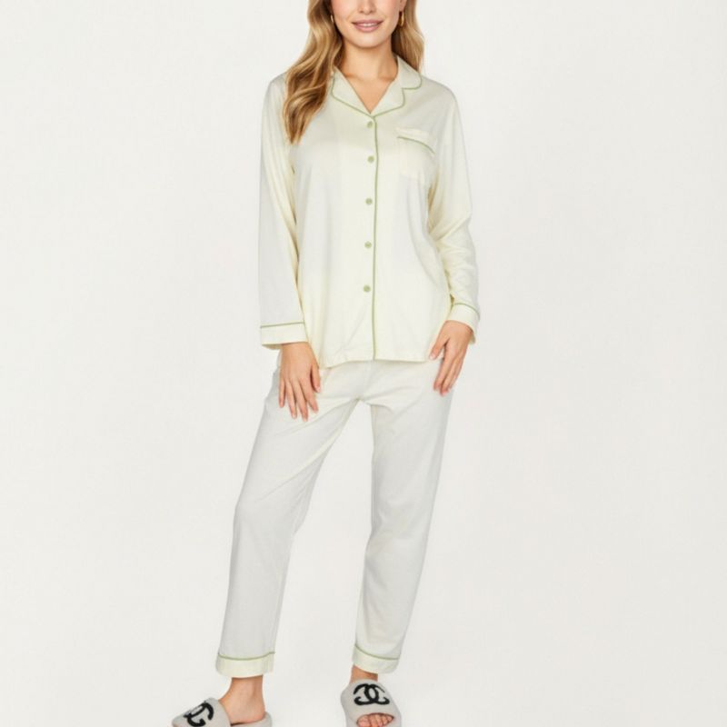 Anna-Kaci Lounge Women's 2-Piece Set Long Sleeve Button Front Top and Matching Relaxed Fit Pants Pajama Set with Contrast Piping - Small, Light Beige