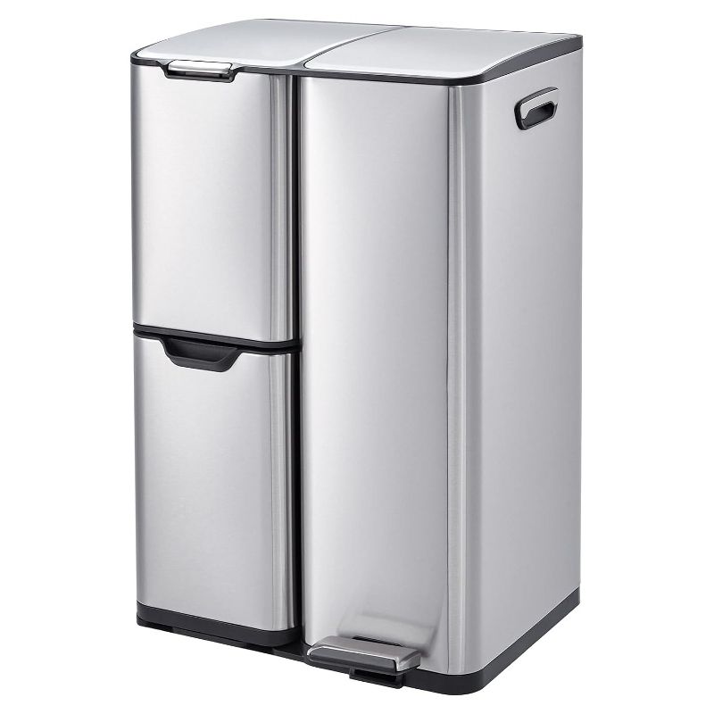 Triple Compartment Kitchen Trash & Recycling Bin – 16 Gallon Stainless Steel Indoor Waste Can – Removable Buckets, Foot Pedal, Lid – Silver