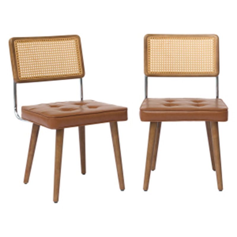 TackView Rattan Dining Chairs Set of 2, Kitchen Chairs with Wooden Legs, Velvet Upholstered Armless Dining Room Seat for Kitchen, Restaurant, Brown
