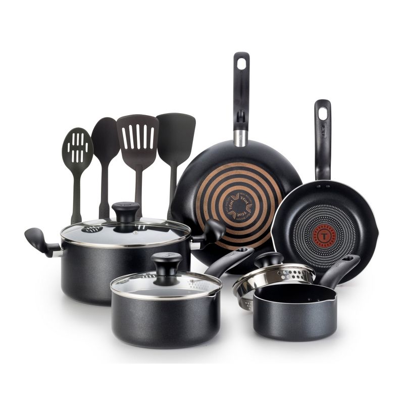 T-fal 12pc Simply Cook Nonstick Cookware Set Charcoal Black: Kitchen Pan & Pot Set, Tempered Glass Lids, Dishwasher-Safe