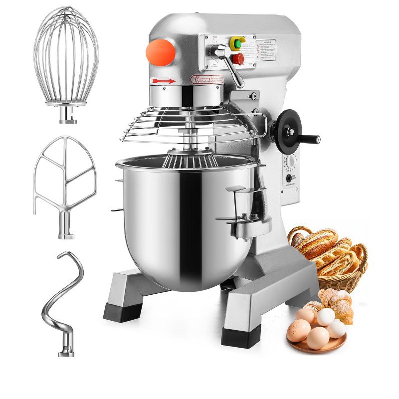 VEVOR Commercial Food Mixer 15Qt 600W 3 Speeds Adjustable 110/178/390 RPM Heavy Duty 110V with Stainless Steel Bowl Dough Hooks Whisk,Silver