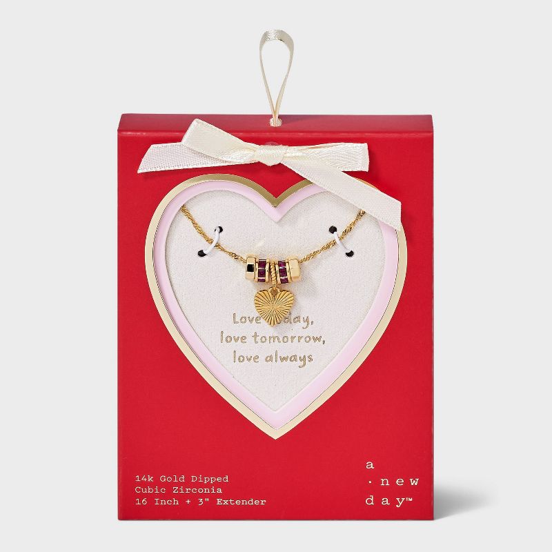 14K Gold Dipped Cubic Zirconia Valentines Rondelle Heart Necklace - A New Day™ Gold/Pink
