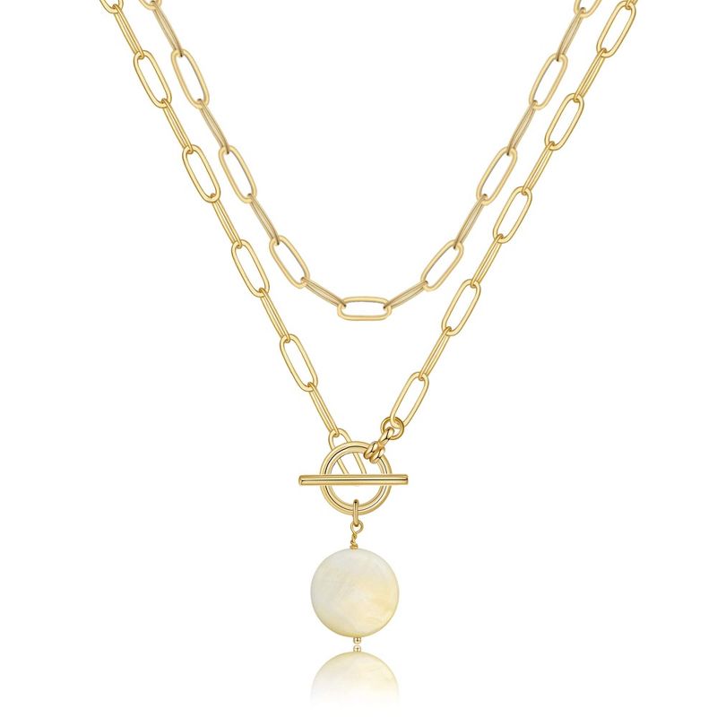 Turandoss 18K Gold Pearl Layered Necklaces for Women, Stack Pearl Pednant Necklace with Paperclip Link Choker, Boho Gold Jewelry for Women, 14+2/20In