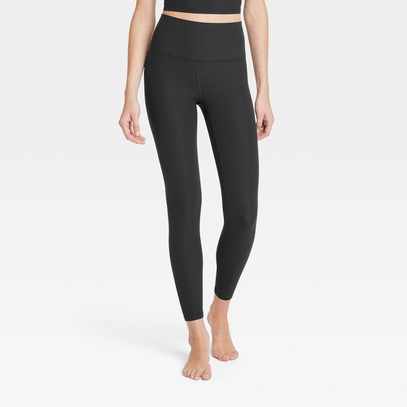 Women's Everyday Soft High-Rise Ribbed 7/8 Leggings - All In Motion™ Black M: Moisture Wicking, Quick Drying