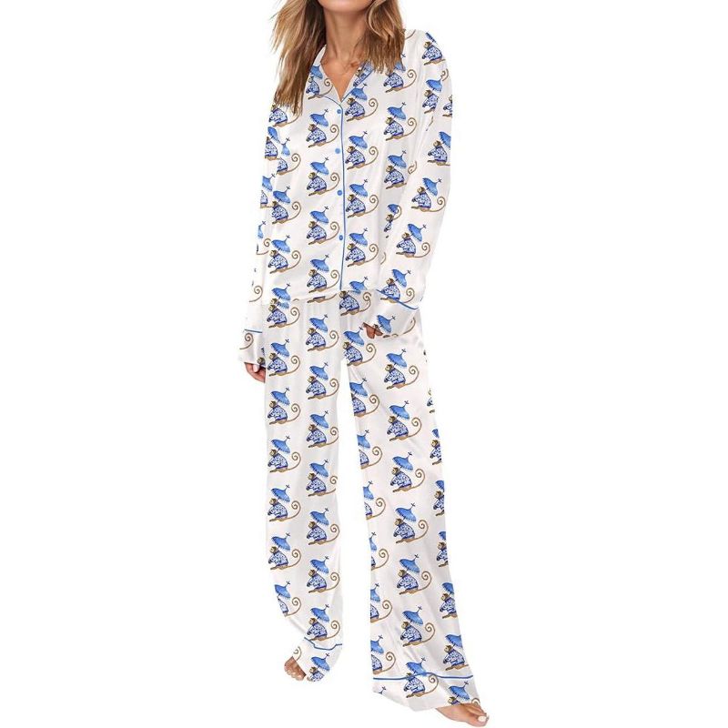 SHESHOW Cute Pajama Set for Women Long Sleeve Button Up Sleepwear 2 Piece Animal Print Pjs for Womens Pajamas Monkey White L
