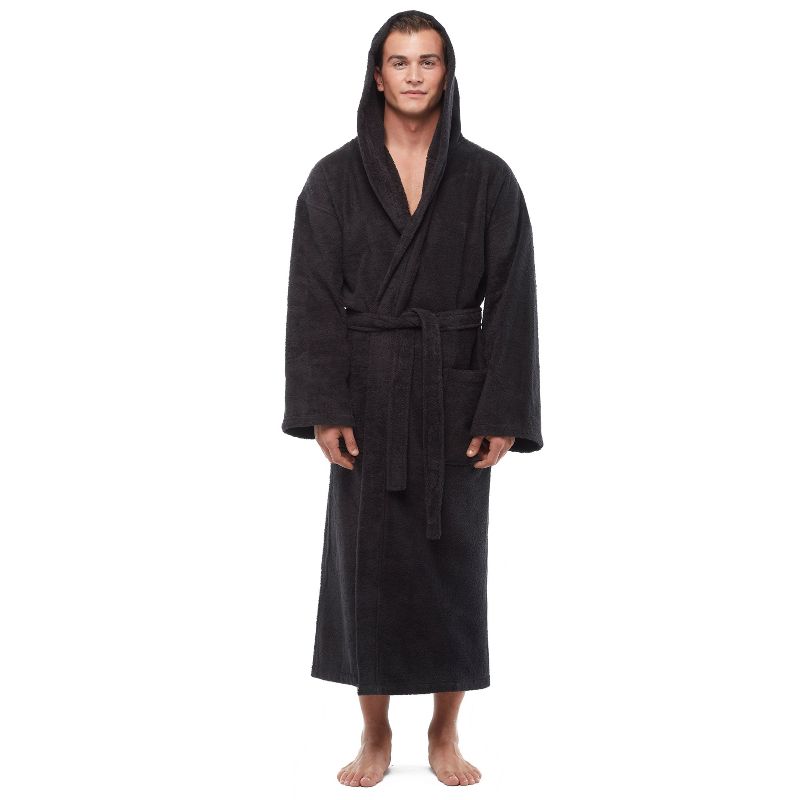 Arus Men's Turkish Cotton Hooded Robe, Absorbent Terry Cloth Bathrobe with Hood , Black , Small/Medium