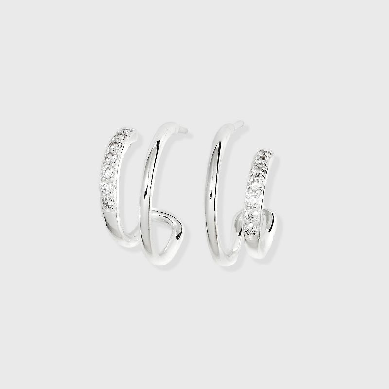 Sterling Silver Cubic Zirconia Faux Duo Stud Hoop Earrings - A New Day™ Silver: Nickel-Free, Post Closure