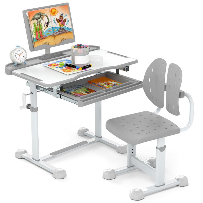 Costway Kid's Study Desk & Chair Set w/Tilt Desktop Book Stand Footrest Bar for Toddlers Grey