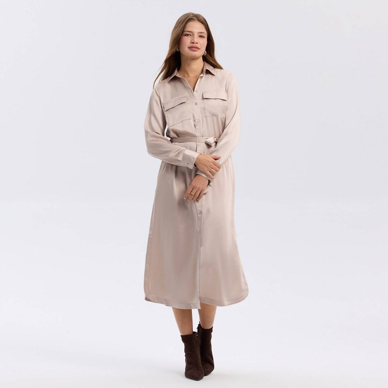 Women's Long Sleeve Belted Satin Midi Shirtdress - A New Day™ Champagne XL