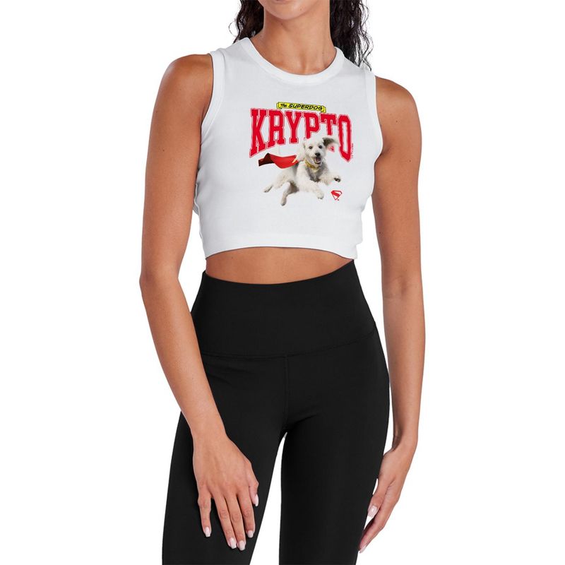 Women's Superman 2025 Krypto College Sleeveless Crop Top Tank, White, Medium