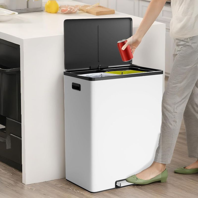 Kitchen Dual Trash Can, 2x8 Gallon Stainless Steel Step-on Recycling Bin with Removable Inner Bucket & Soft Close Lid for Home Office Business, White