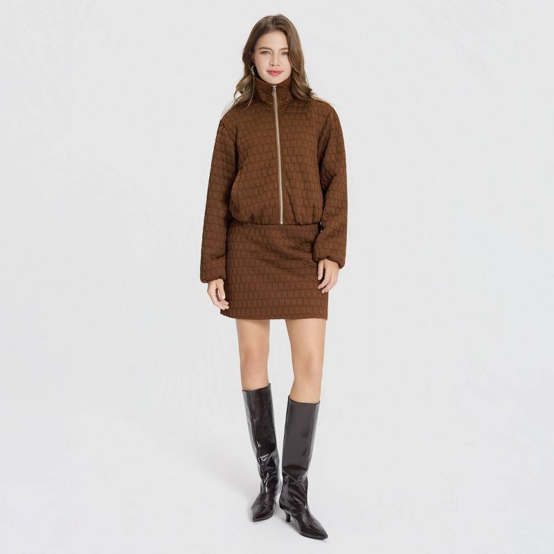 Women's Textured Jacquard Funnel-Neck Bomber Jacket - A New Day™ Brown Basket Weave XL