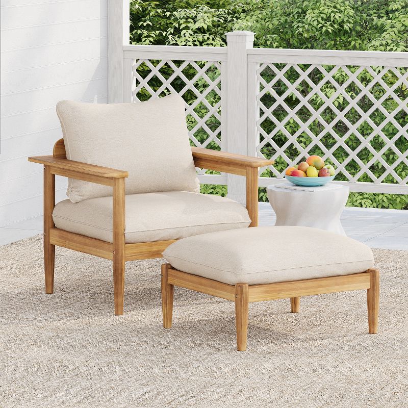 Christopher Knight Home Kate Patio Acacia Wood Club Chair and Ottoman Set with Water-Resistant Cushions, Beige/Light Teak