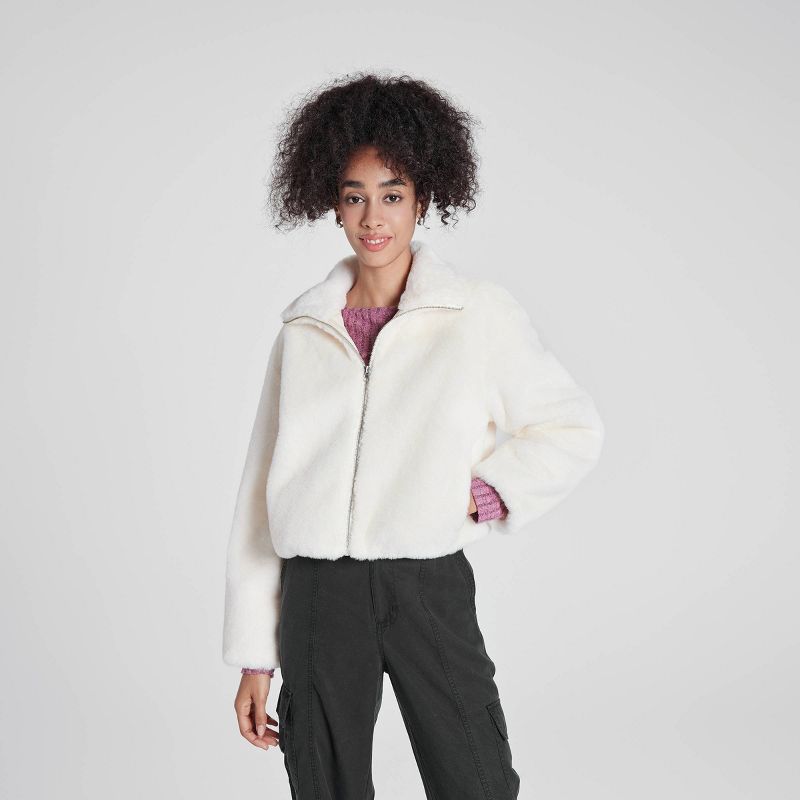 Women's Zip-Front Faux Fur Jacket - Wild Fable™ Cream XL