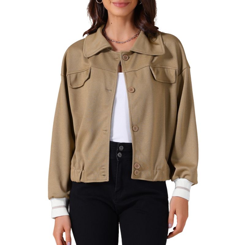 INSPIRE CHIC Women's Cropped Fall Casual Button Down Turndown Collar Long Sleeve Jacket Khaki Small
