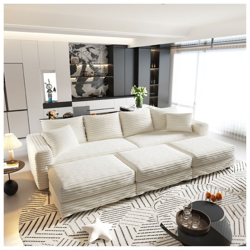 KTMBDW 102.4" Sofa Couch, Comfy Couches for Living Room, Plush Corduroy Sofas for Living Room, Tool-Free Setup Deep Seat Sofa with 3 Ottomans, White