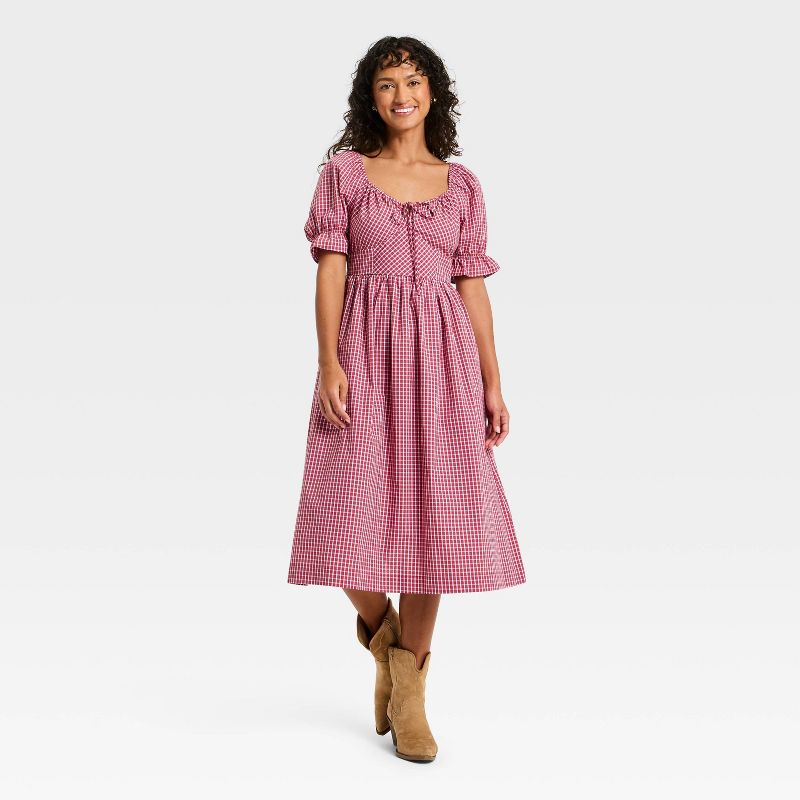 Women's Puff Elbow Sleeve Midi A-Line Dress - Universal Thread™ Red Check M
