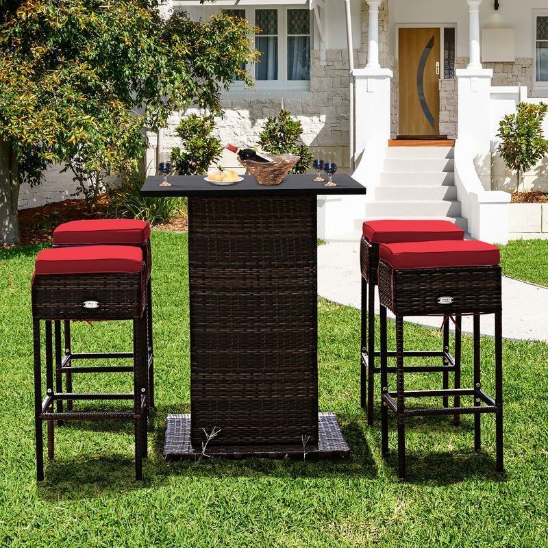 Costway 5PCS Patio Rattan Bar Table Stool Set Hidden Storage Shelf Cushion Red