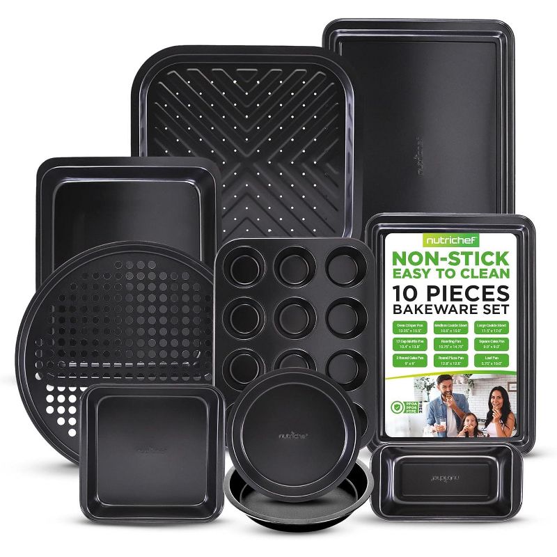 NutriChef Kitchen Oven Baking Pans - Deluxe Nonstick Gray Coating Inside & Outside Carbon Steel Bakeware Set (10 Pieces)