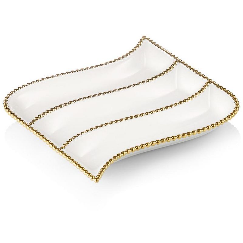 Classic Touch 11” White Porcelain 3 compartment relish dish with Gold Beaded Border