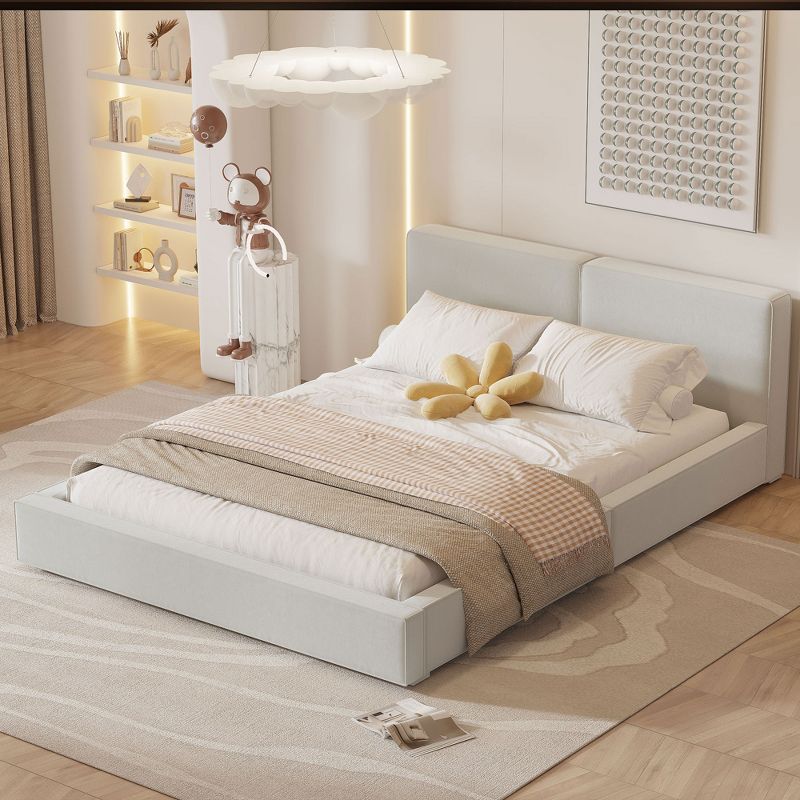 Queen Size Upholstered Wooden Platform Bed Frame with Headboard 4S, Beige -ModernLuxe