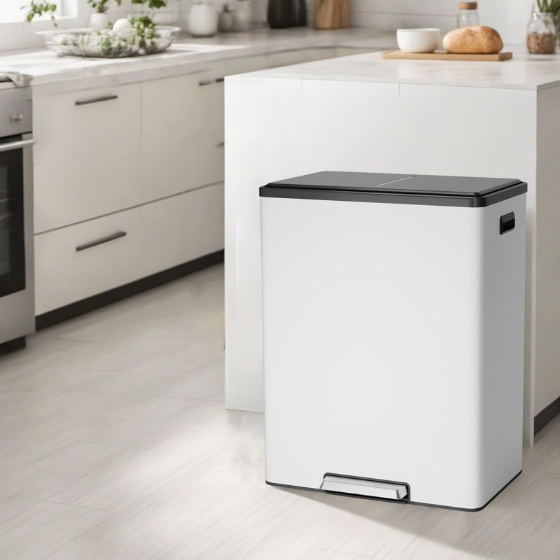 Orieon Dual Compartment Trash Can, 2x8 Gal Stainless Steel Step Bin, Separate Lid Kitchen & Office Recycling Garbage Can, White.