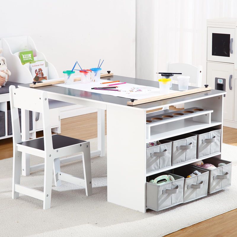 Kids Art Table and 2 Chairs,Toddler Craft and Play Wood Activity Table with Storage Bins, Drawing Desk, Kids Activity Table and Study Table
