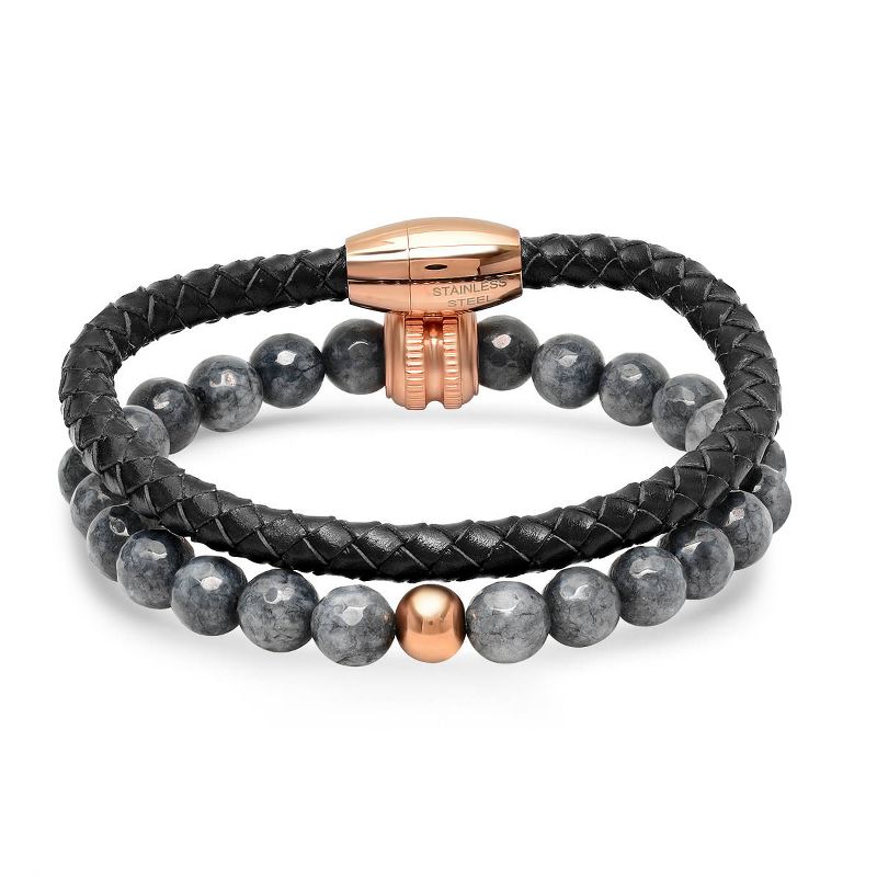 Steeltime Men's set of 2 gray agate beaded bracelet with 18k rose gold plated accents and black leather braided bracelet