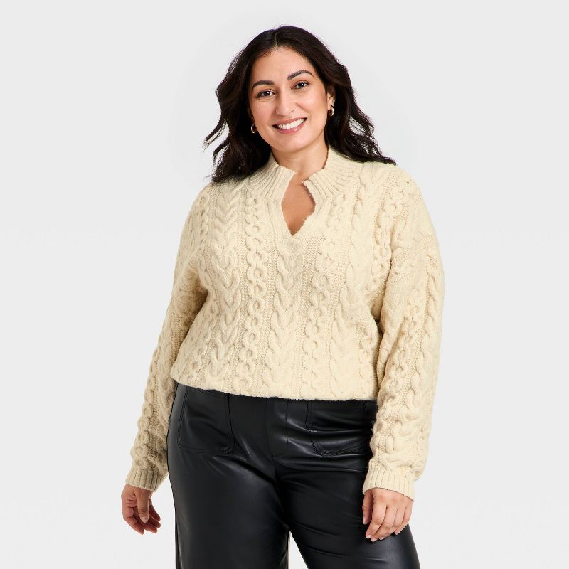 Women's Turnover Neck Cable Knit Pullover Sweater - A New Day™ Cream 3X