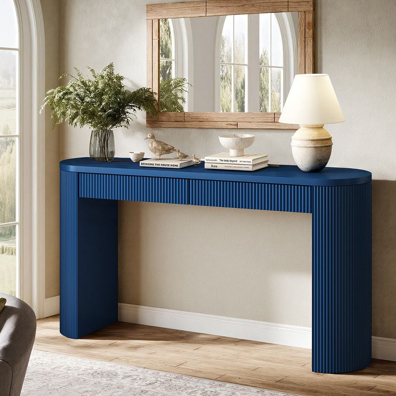 Modern Navy Blue Wood Console Table,Pine Veneer Storage Table with MDF Drawers and Curved Legs,Entryway or Living Room Furniture-Koiai