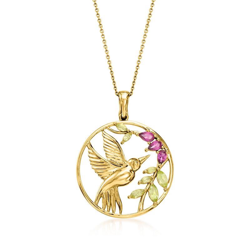 Ross-Simons 0.90 ct. t.w. Peridot and .60 ct. t.w. Rhodolite Garnet Hummingbird Pendant Necklace in 18kt Gold Over Sterling Size 18