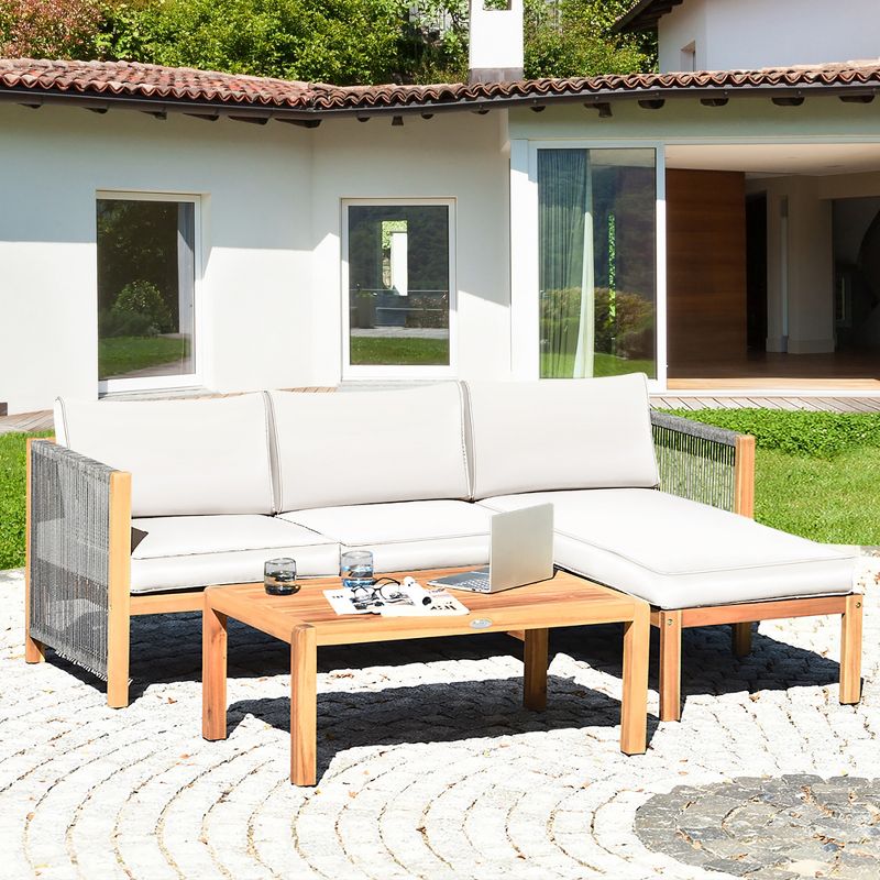Costway 3PCS Patio Acacia Wood Sofa Furniture Set Thick Cushion W/Nylon Rope Armrest
