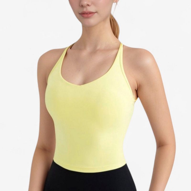 Anna-Kaci Active Women's V-Neck Cropped Tank Top with Spaghetti Straps and Built-In Bra for Yoga and Everyday Comfort - Large, Yellow