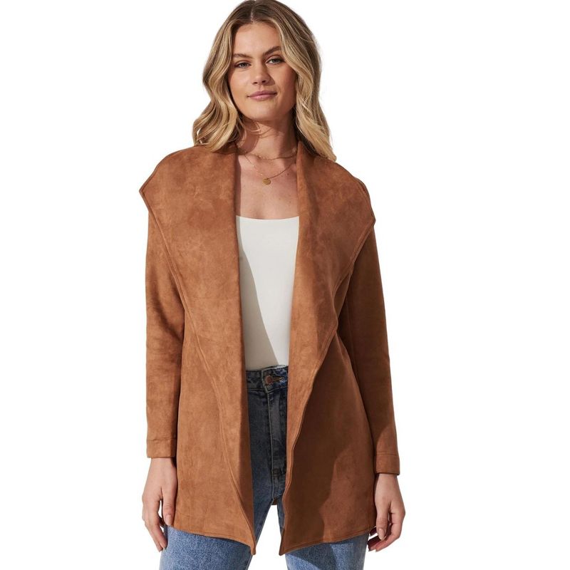 Coolmee Women's Faux Suede Jackets Fashion Causal Clothes Lapel Collar Long Sleeve Open Front Coat Outwear L Bronze