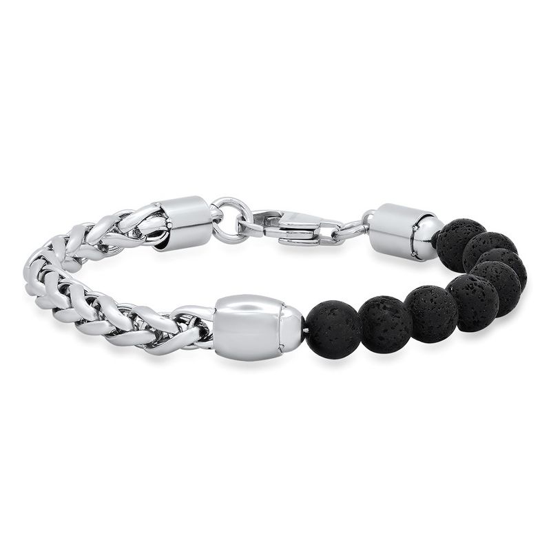Steeltime Men's stainless steel wheat link chain and black lava beads bracelet