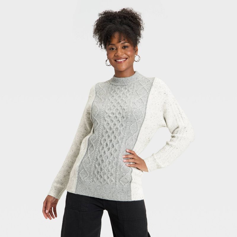 Women's Long Sleeve Cozy Cable Knit Crewneck Pullover Sweater - Universal Thread™ Cream/Gray XS
