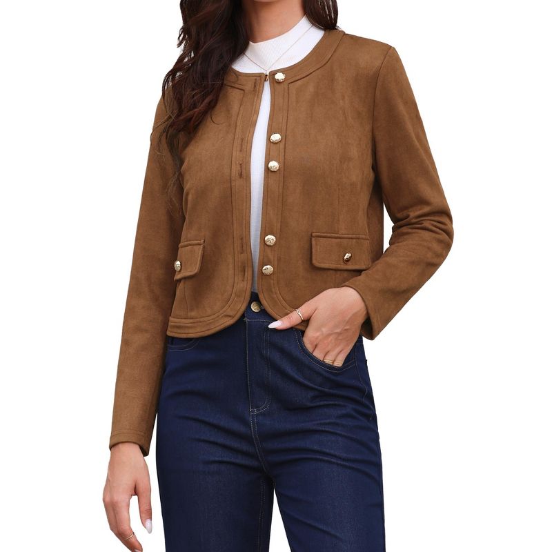 INSPIRE CHIC Women's Crew Neck Long Sleeves Button Down Vintage Jackets Brown Small