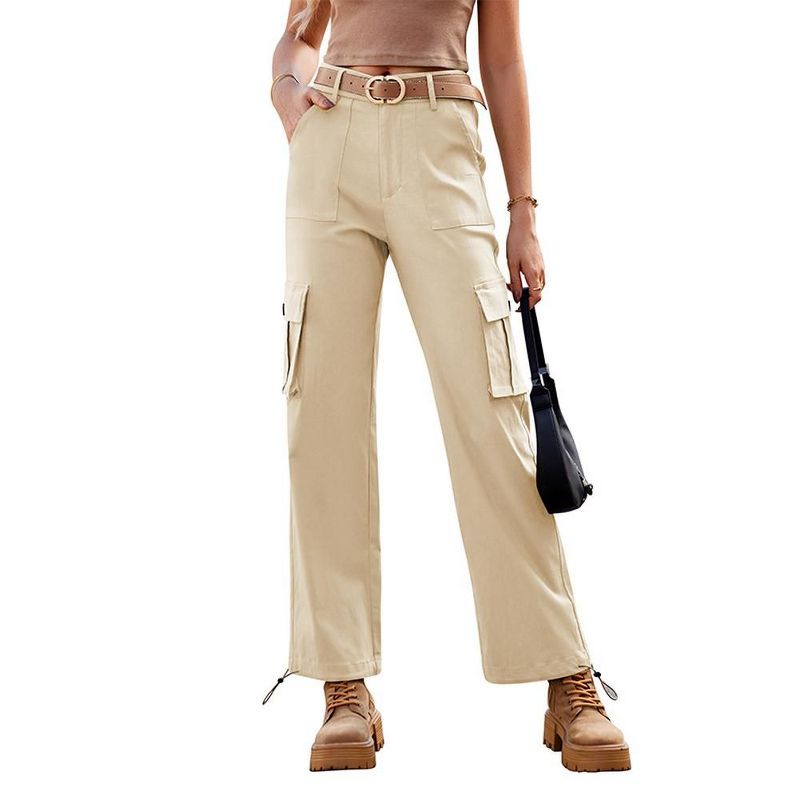Coolmee Women's Cargo Pants High Waisted Travel Streetwear Baggy Stretchy Pants Cargo Pockets Drawstring Ankle Cuffs with Belt M Apricot