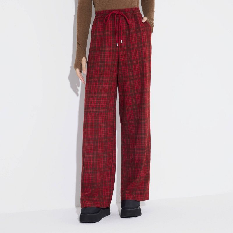 Women's Mid-Rise Wide Leg Pull-On Pants - Wild Fable™ Red/Black Plaid XS