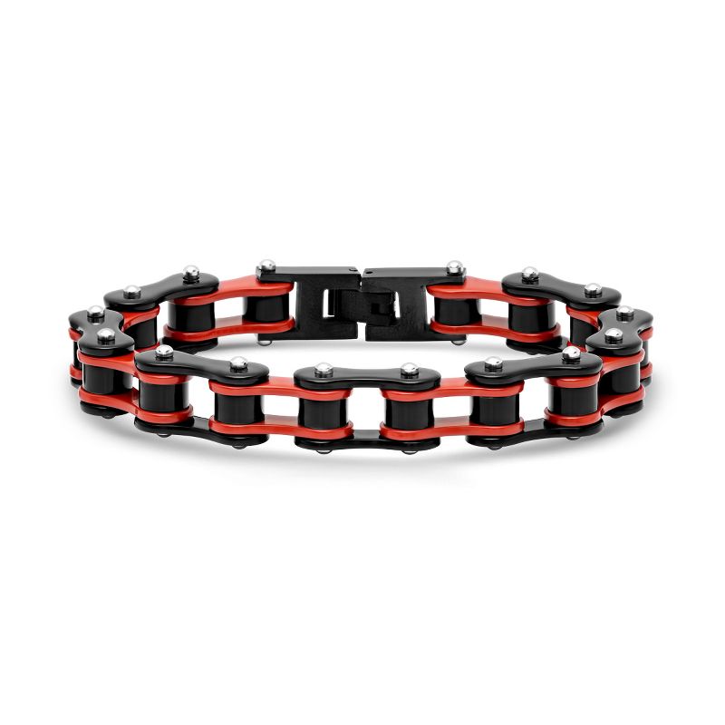 Steeltime Men's two tone black ip stainless steel and red ip stainless steel bicycle chain link bracelet