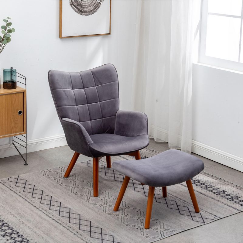 Kumasinova Modern Accent Chair with Ottoman,Velvet Arm Chair with Tufted Design,Comfy Reading Chair for Living Room&Bedroom,Living Room Furniture,Gray